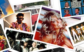 A bundle of printed pictures with content from the 70's featuring Farrah Fawcett, The Brady Bunch an...