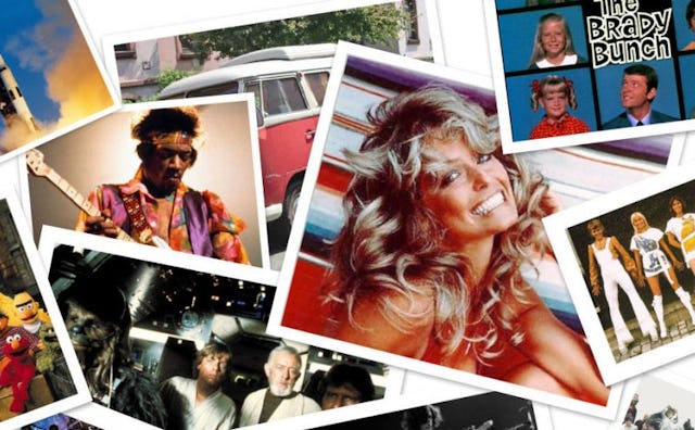 A bundle of printed pictures with content from the 70's featuring Farrah Fawcett, The Brady Bunch an...