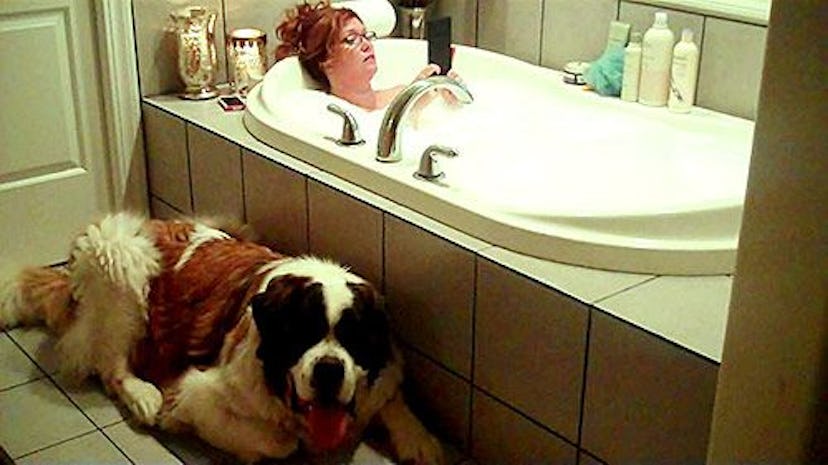 A St. Bernard lying beside its owner, who is enjoying a bubble bath while scrolling through her phon...