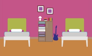 Cartoon-style college dorm with two beds, a bookshelf and a guitar