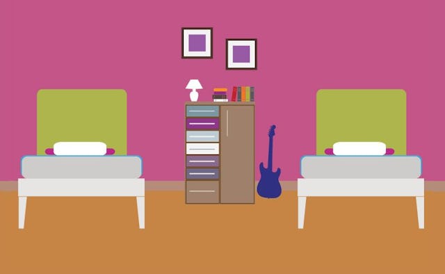 A cartoon-style college dorm with two beds, a bookshelf and a guitar