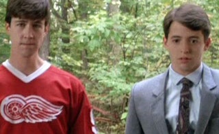 A snapshot of Ferris Bueller and Cameron Frye from "Ferris Bueller's Day Off" standing next to each ...