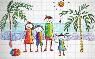 A colored drawing of a family on a beach and ocean behind them
