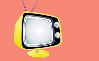 The illustration of a bright yellow and black retro TV with a monochrome cantaloupe shade background