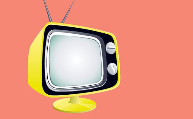 An illustrated yellow and black retro TV with a monochrome cantaloupe shade background