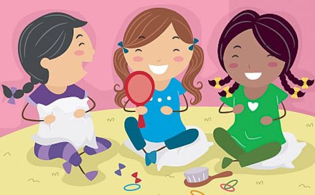 An illustration of three girls playing at a slumber party