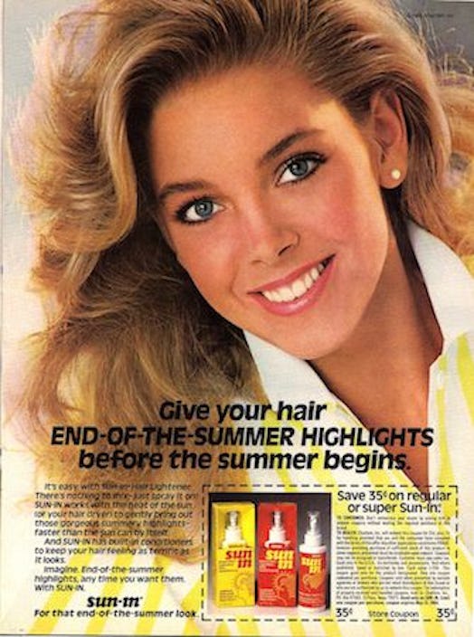 Sun-In ad poster with a blonde model and products