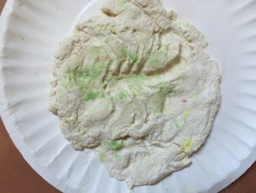 A child's arts and crafts project made of putty on a paper plate