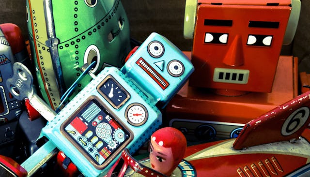 A collection of kids' toy robots gathered together.