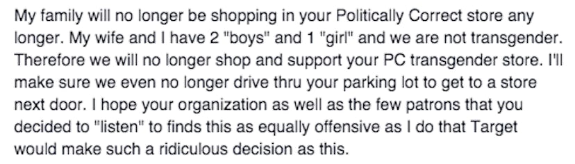 Comment on Target's Facebook stating a person won't shop in Target anymore due to not having "boy" a...
