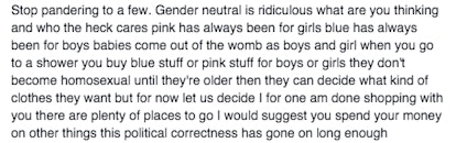 Comment on Target's Facebook defending how blue is a color for boys and pink for girls.