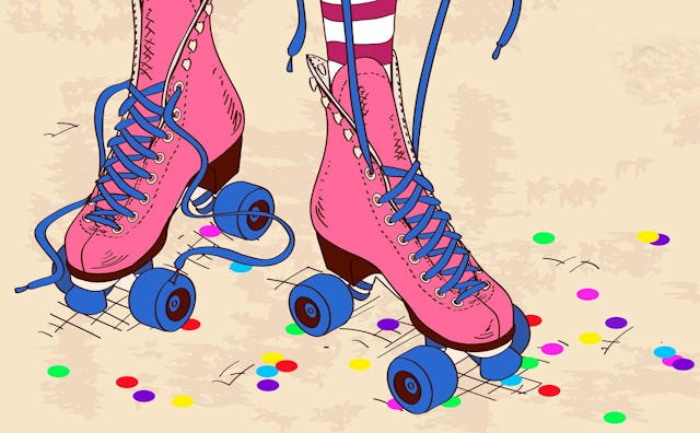 Illustrated pink roller skates with blue laces at the roller rink