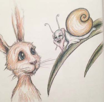 Drawing of the rabbit who wants to sleep talking with a snail on the leaf