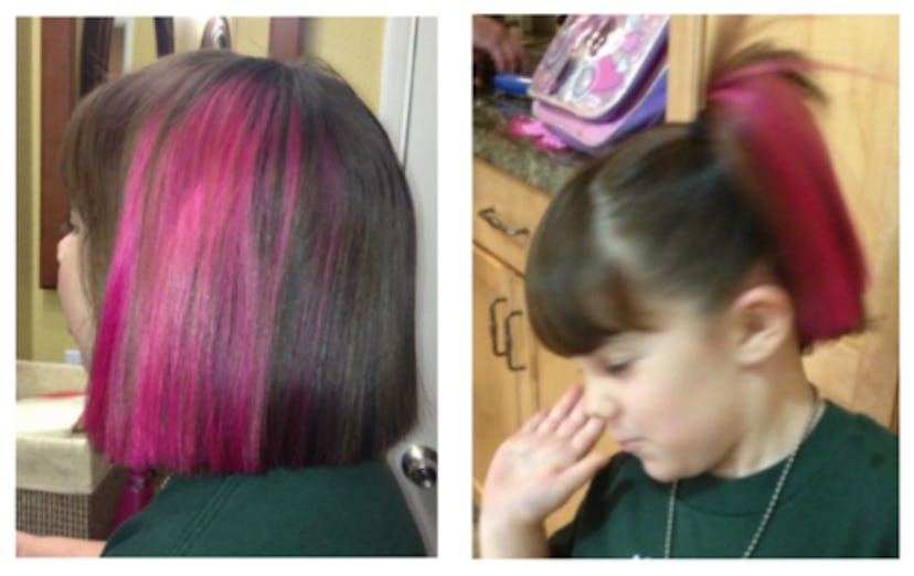 A two-part collage of Ashley Alteman's daughter with her hair partially dyed in pink
