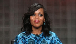 Kerry Washington smiling in a blue-black dress, who portrays Olivia Pope in the show 'How To Get Awa...