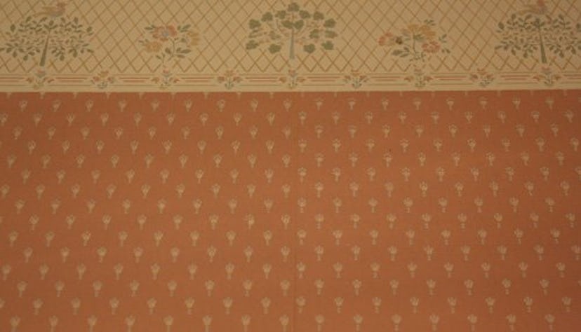Wall covered in a floral wallpaper.