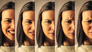 Five side by side pictures of a woman’s face going from a big smile to a frown depicting the face of...