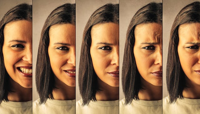 Five side by side pictures of a woman’s face going from a big smile to a frown depicting the face of...