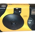 A black and yellow disposable camera from the 80s
