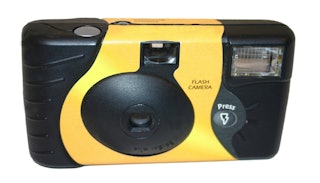 A black and yellow disposable camera from the 80s