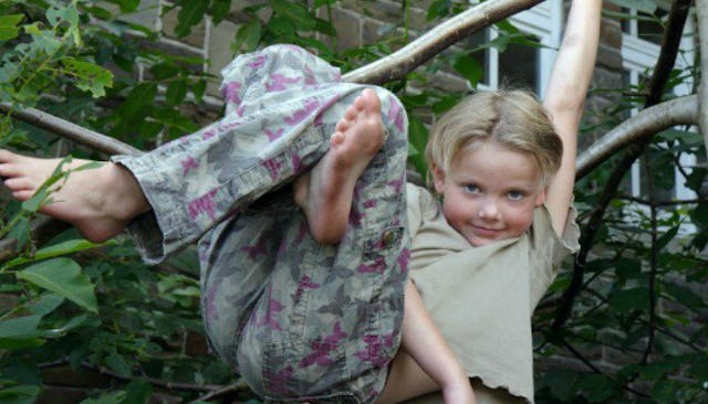 A child in an olive T-shirt and olive-pink camo trousers hanging on a tree branch