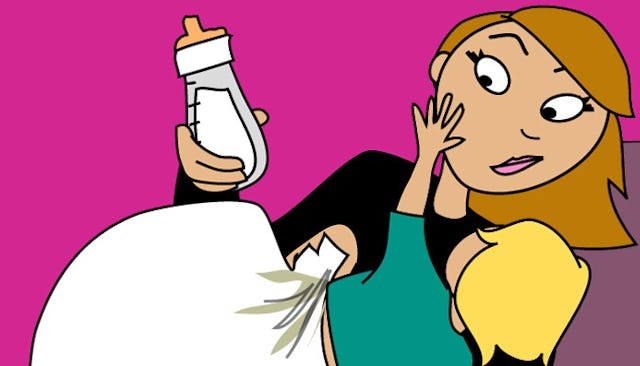An illustration of a ginger woman holding her baby and a milk bottle at the same time with a pink ba...