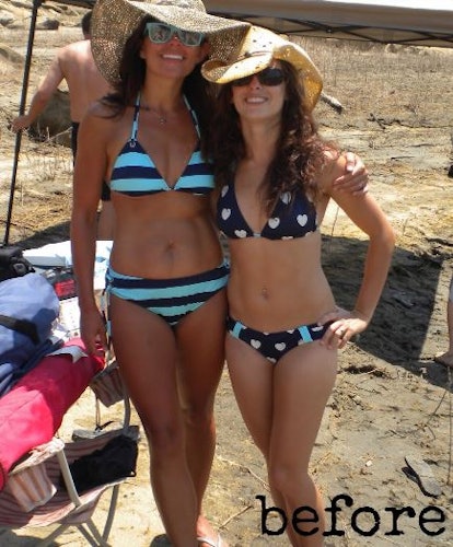 Two women wearing bikinis, large straw hats and sunglasses on a beach