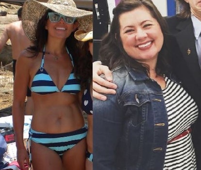 Before and after images of a woman showing her skinny in bikini and after she gained some weight