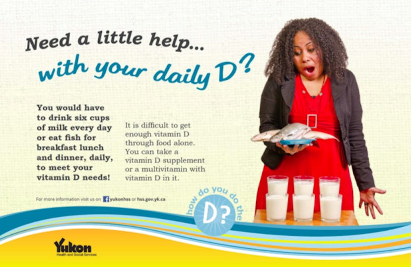 The cover of the government health campaign "Need a little help... with your daily D?" with a woman ...