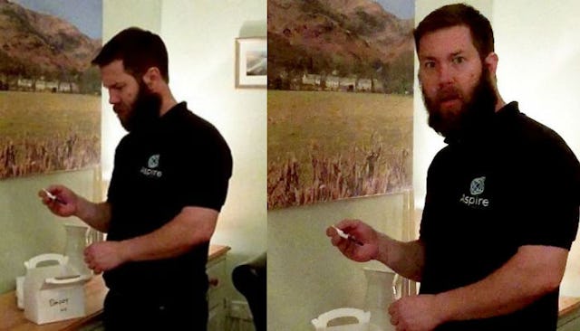 A two-part collage of a man looking at a pregnancy test and being surprised to find out it's positiv...