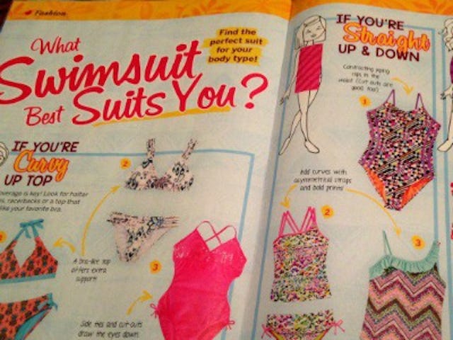 Two magazine pages about finding the right swimsuit for a tween.