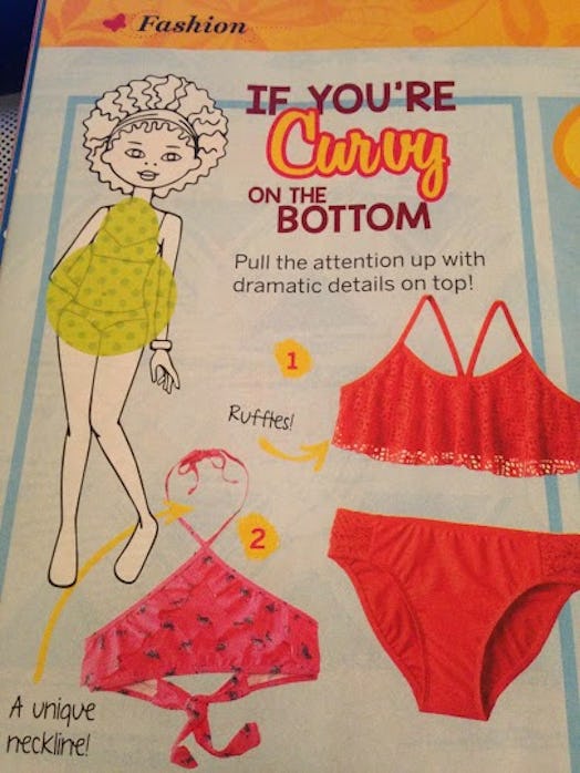 A magazine page about finding the right swimsuit for a tween with a curvy body type