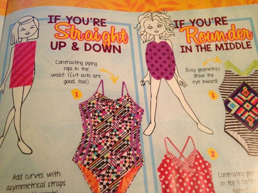 Two magazine pages about finding the right swimsuit for a specific body type.