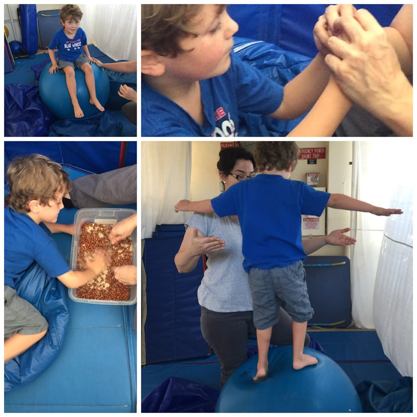 A four-part collage of a boy who has sensory processing disorder during a therapy session
