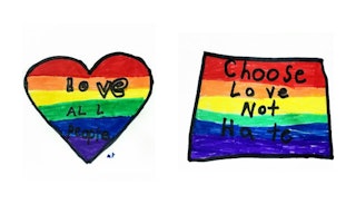 A rainbow heart that says "I love all people" and a rainbow square that says "choose love not hate" ...