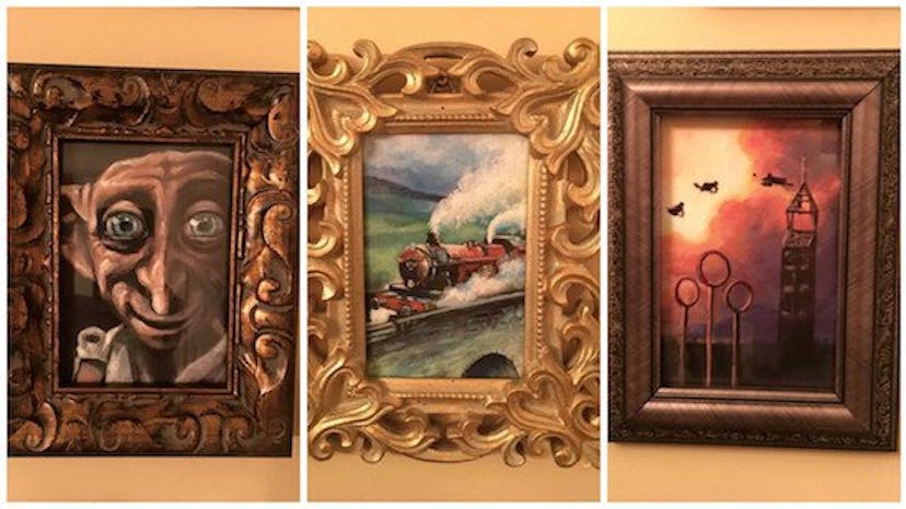 Three paintings of Dobby the House Elf, Hogwarts Express, and a game of Quidditch