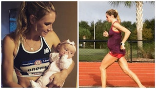 A two-part collage of a runner holding her baby and her running  at the Olympics while being pregnan...
