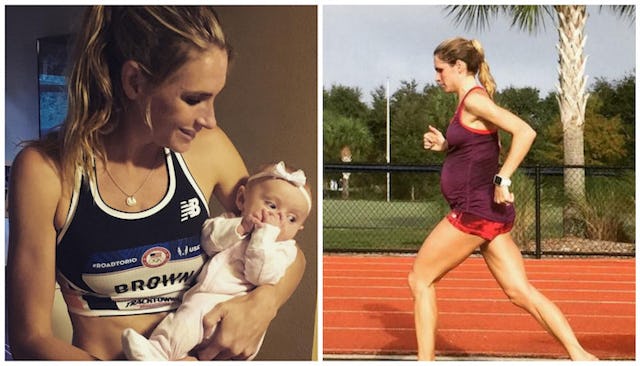 A two-part collage of a runner holding her baby and her running at the Olympics while being pregnan...