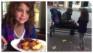 Girl gives a homeless man her meal