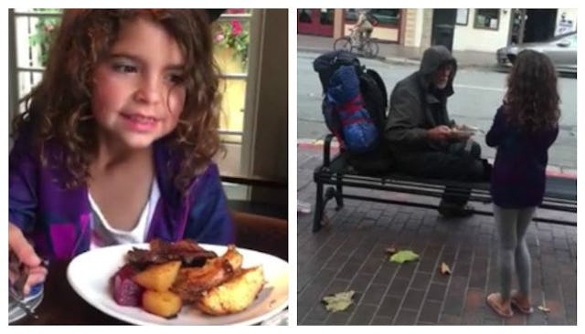 Girl gives a homeless man her meal
