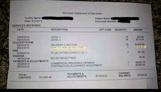A hospital bill charging for baby skin-to-skin after C-section 