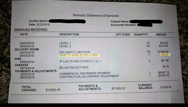 A hospital bill charging for baby skin-to-skin after C-section