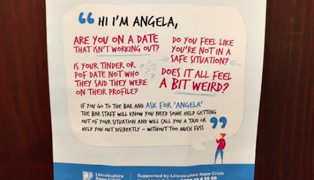 A poster suggesting to women that, if they feel unsafe, they should go to the bar and 'Ask for Angel...