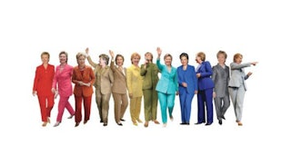 A collage with Hilary Clinton wearing pantsuits in various colors with a white background
