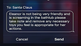 An SMS Message to Santa Claus about a girl named Eleanor not being friendly and screaming in a batht...