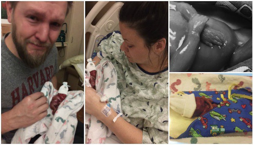 A collage photo of Heather Smith and her husband holding their stillborn son