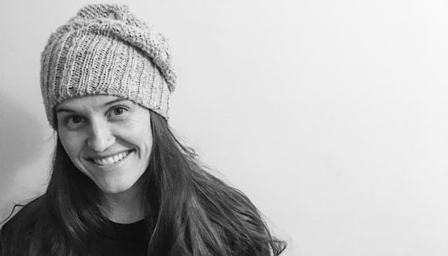 Writer Jamie Pollard-Smith without makeup, in a white wool cap and black shirt in a black and white ...