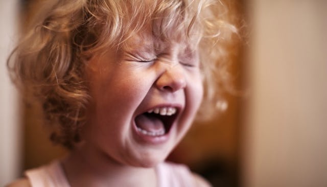 A blonde child crying because if the grief and anguish of toddler toy loss