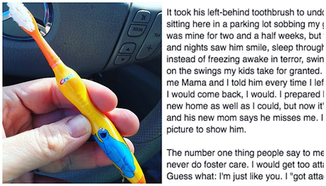 A foster parent holding a child's toothbrush next to a text about fostering on the right.