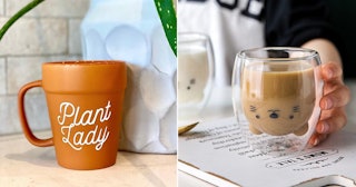 Two unique coffee mugs: a Plant Lady Terracotta Pot Mug and a Clear Bear Coffee Mug.
